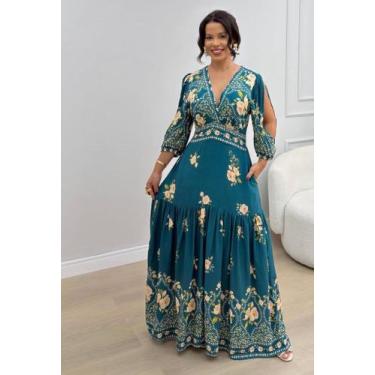 Imagem de Vestido Longo Inspirado em Estampas Tropicais - Flor de Maria, Azul, G