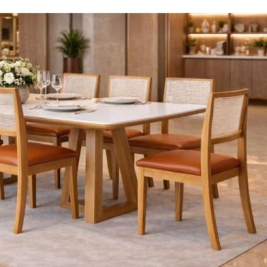 Imagem de 2 Cadeiras Jantar Palha Estofada Couro Pu Caramelo Tela Sextavada Rubi