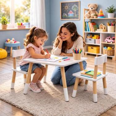 Imagem de Kit Mesa Infantil com 2 Cadeiras MDF Pinus Resistente para Estudo e Br