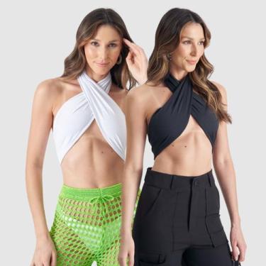 Imagem de Kit 2 Cropped Blusinha Regata Cruzada De Amarrar Blogueira - SWISS BOU