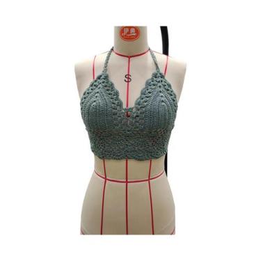 Imagem de Top De Biquíni Preto Em Crochê Para Mulheres, Modelo Triângulo Vazado,