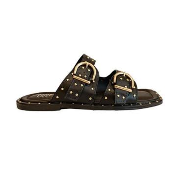 Imagem de Sandália Feminina Rasteirinha Preta Pingo Dourado 76004 - LiziELizi, P