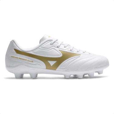 Imagem de Chuteira Campo Mizuno Regent Club MD Masculina, 40, Branco, Dourado