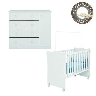 Imagem de Quarto de Bebê Cômoda Sapateira Helena e Berço 1 com Rodízios e Colchã