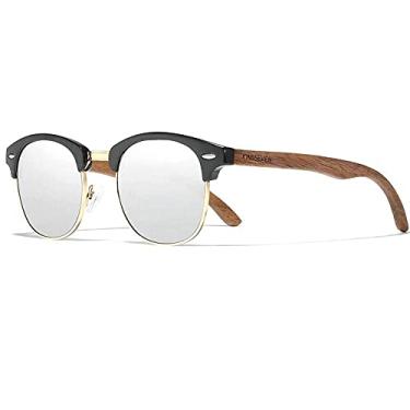 Imagem de Óculos de Sol Masculino Kingseven Retro Hastes de Madeira com Proteção Lentes Polarizados UV400 (C1)