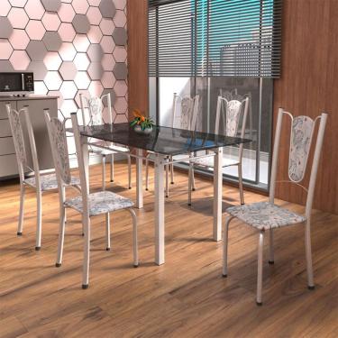 Imagem de Conjunto de Mesa de Cozinha com Tampo de Vidro e 6 Cadeiras Melissa Fumê, Pérola e Bege Floral