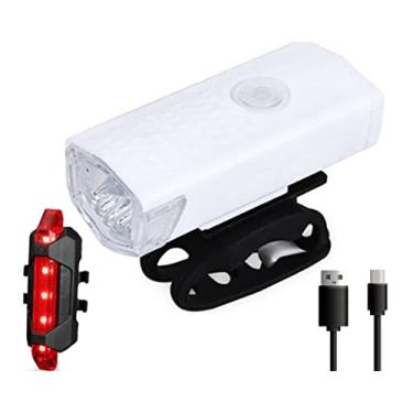 Imagem de HVEST Bike Light USB recarregável, conjunto de farol e lanterna traseira para bicicletas, compatível com todas as bicicletas, híbrido, MTB, bicicleta frontal traseira recarregável USB-C Branco
