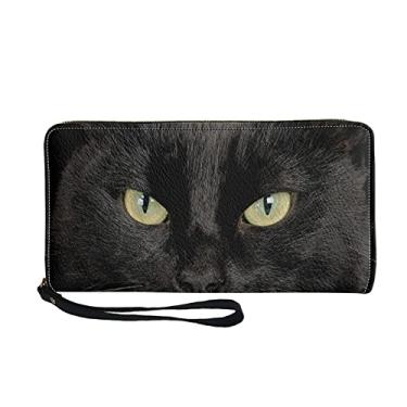 Imagem de Carteira animal, carteira longa para mulheres, bolsa fina de couro PU clutch zíper em volta do porta-cartões, Gato preto