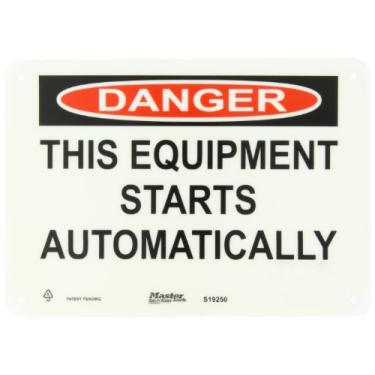 Imagem de Master Lock S19250 25,4 cm de largura x 17,7 cm de altura de polipropileno, preto e vermelho em branco placa de segurança, perigo de cabeçalho, lenda "Este equipamento começa automaticamente"