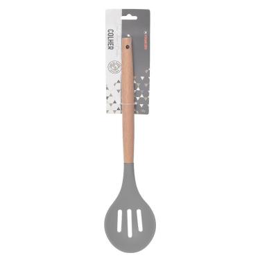 Imagem de Colher Vazada Redonda Silicone Cabo Bambu 32cm Cozinha