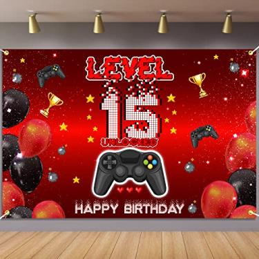 Imagem de Level 15 Desbloqueado Banner Decorações Vídeo Game On Happy 15th Birthday para Meninos Crianças Vermelho e Preto 15 Anos Tema Up Aniversário Fotografia Decoração de Festa Suprimentos