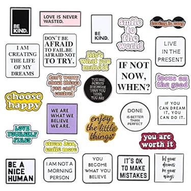 Imagem de 26 pçs broche com letras positivas esmaltado broche inspirador frase motivacional emblemas de lapela esmalte ditado positivo conjunto de broche com bolsa de armazenamento para mochilas, roupas chapéus decoração, Metal