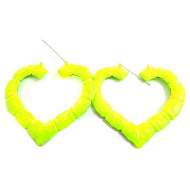 Imagem de Brincos de argola grande de bambu coração neon amarelo bambu argolas Old School, Brincos Femininos Argola