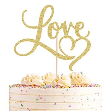 Imagem de AHAORAY Love Cake Topper - Suprimentos de decoração de bolo de casamento de papel dourado com glitter, perfeito para chá de panela, noivado, aniversário, festa de aniversário