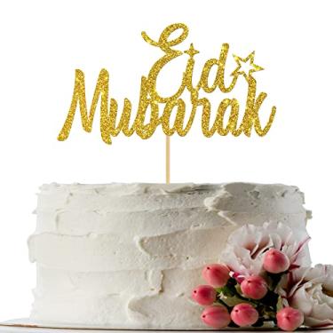 Imagem de Innoru Eid – Topo de bolo de Mubarak – Ramadan Kareem dourado com glitter, Hajjj Mubarak Eid Festival, decorações de festa de aniversário