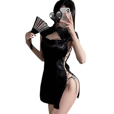 Imagem de Anime Cosplay Costumes For Women Female Anime Cheongsam Side Slit Hollow Chinese Style (#45 Black)