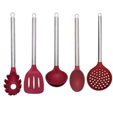 Imagem de Kit Utensílios Cozinha Silicone Vermelho Cabo Inox 5 Peças