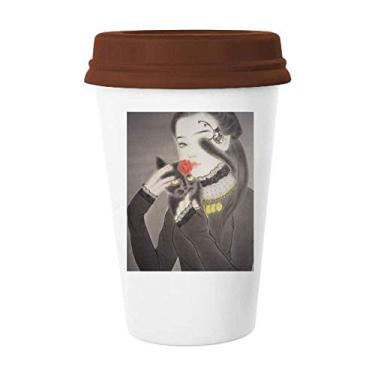Imagem de Caneca de aquarela de gato preto de beleza estilo chinês caneca de café copo de cerâmica