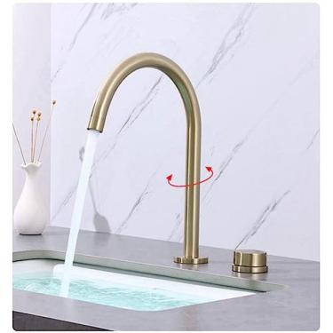 Imagem de Torneira de lavatório de banheiro de dois furos, torneira de banheiro de ouro escovado generalizada, torneira de pia giratória, ouro escovado A, tamanho único