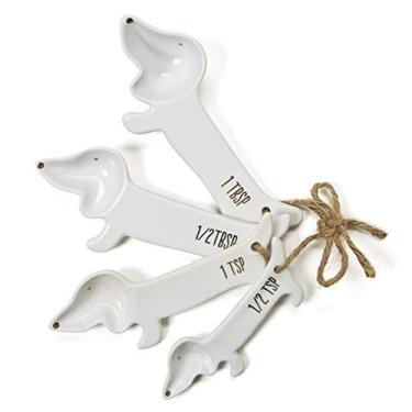 Imagem de VOTUM Conjunto de colheres medidoras de cerâmica branca Dachshund – Conjunto de 4 utensílios de cozinha com tema de cachorro Weiner fofo – presente para amantes de cães