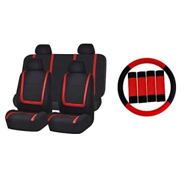 Imagem de FH Group Capas de assento de carro de pano plano exclusivas w. Capa de volante e almofadas de cinto de segurança - Universal carro, caminhão, SUV ou Van (vermelho/preto) FB032114