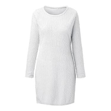 Imagem de Vestido feminino casual gola redonda manga longa suéter sexy coquetel mini vestido moda inverno malha canelada, Branco, M