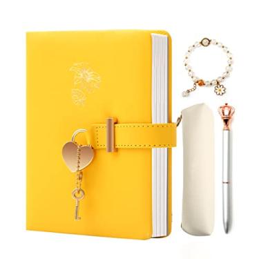 Imagem de Diário com cadeado para meninas - Presentes de aniversário para meninas de 8 a 9 10 11 e 12 anos - Artes e artesanato para crianças - O kit de diário inclui: estojo, pulseira, caneta, diário de couro