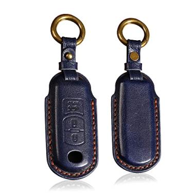 Imagem de HIBEYO Capa de chaveiro de couro de 3 botões compatível com Mazda 2 3 3 Axela 5 6 6 Atenza 8 CX-3 CX-4 CX-5 CX-7 CX-9 MX-5 MX-5 Miata Acessórios de carro Smart Key Holder - Azul