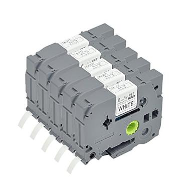 Imagem de Fita de etiquetagem compatível P Touch pacote com 5 unidades TZ211 TZo 211 TZ TZe 1/4" cartucho Label Orison autoadesivo preto sobre branco refis de cassete 0,23 polegadas x 26,2 pés (6 mm x 8 m)