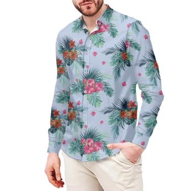 Imagem de Yewattles Camisetas masculinas de manga comprida, gola redonda, casual, blusas grandes com botões para férias no dia a dia, Flores, XXG