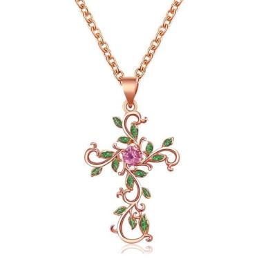 Imagem de rgwtgkyh Colar com cruz para mulheres, pingente de cruz de árvore de Natal em ouro rosa, prata, pingente de folha verde, crucifixo, joias modernas, presentes, Large, Plástico, Sem Pedra Preciosa