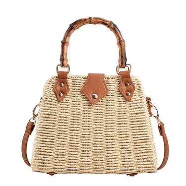 Imagem de Bolsas de palha para mulheres modernas de verão sacola de tecido cesta de palha bolsas de vime transversais e bolsas de mão com alça de bambu, Bege