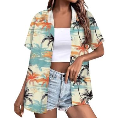 Imagem de Camisa de praia de verão feminina havaiana estampa floral gola V abotoada manga curta túnica casual solta, Caqui, 6G