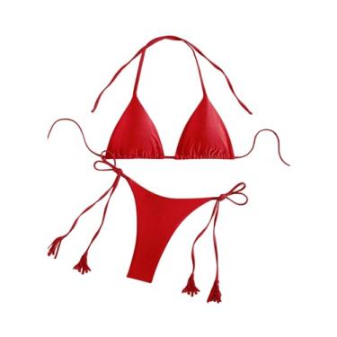 Imagem de SHENHE Biquíni feminino de 2 peças frente única texturizado com laço lateral triangular, Vermelho sexy, M