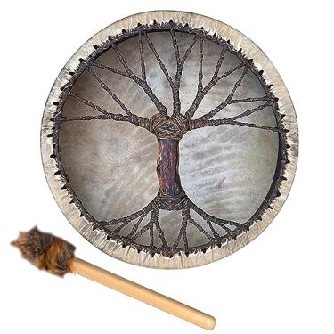 Imagem de Tambor Xamânico feito à mão de 25 cm com bastão de bateria árvore da vida, ferramenta de cura de som para música espiritual, meditação de reflexão (árvore da vida)