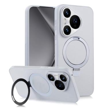 Imagem de POYUFRG Capa branca, 70, fina para Huawei Pura 70 Ultra/70 Pro/70 Pro+/70, proteção de lente de metal, suporte de anel magnético, capa de couro com suporte para carregamento sem fio