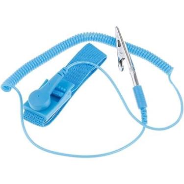 Imagem de Pulseira AntiEstática Profissional Esd Sem Fio Ajustável Aterramento Segurança Contra Descargas Acidentais Com Garra Jacaré E Plug Banana Cor Azul
