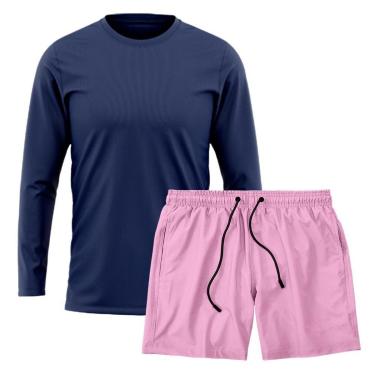 Imagem de Kit Short Praia Academia Passeio Treino Rosa + Manga Longa Masculina Segunda Pele Dry-Masculino