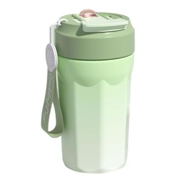 Imagem de Xícara de café de aço inoxidável isolada de 460 ml com alça, caneca de viagem à prova de vazamento, uso no escritório e no carro, tampa dupla com canudo, disponível em quatro cores (verde)