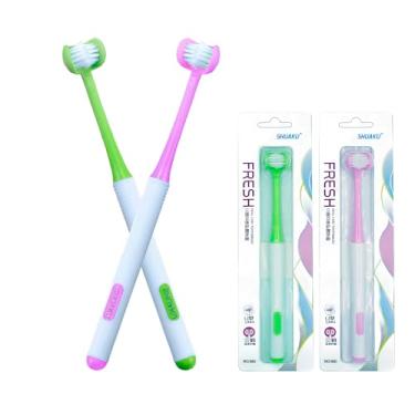 Imagem de Escova de dentes 3 lados autismo 360° design de limpeza de dentes orais em forma de U, 2 peças de cerdas macias para adultos, macias e suaves para cuidados completos dos dentes e gengivas (verde +