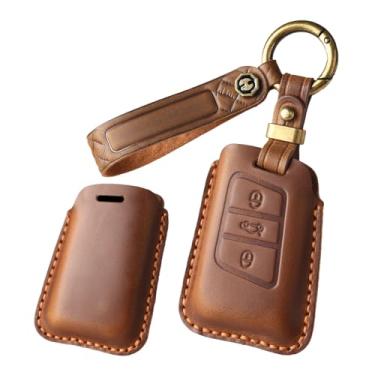 Imagem de HIBEYO Capa de chaveiro de couro genuíno personalizável com 3 botões compatível com VW Volkswagen Passat Tiguan Skoda CC B8 MK2 B7 Superb A7 Magotan Capa de chave personalizada tipo C marrom