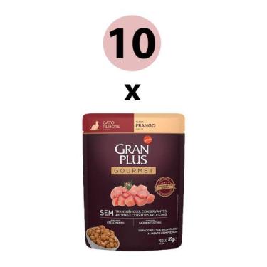 Imagem de KIT 10 Ração Úmida Gran Plus Gourmet Gatos Filhotes Frango Sachê 85g -