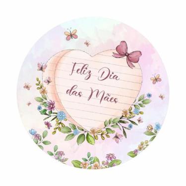 Imagem de Painel de Lona Redondo Feliz Dia das Mães Flores e Borboletas Aquarela