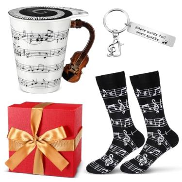 Imagem de Tioncy 4 peças de presente de nota musical para amantes de música, caneca de café com tampa e alça, meias de notas musicais, chaveiro de música e caixa para Natal, aniversário, mulheres, homens,