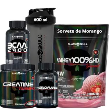 Imagem de Kit Suplemento Whey Protein 100% HD REFIL Gourmet + Creatina Monohidratada Turbo 300g + Termogênico Thermo Flame + Bcaa 2400 + Coqueteleira Shaker (900g, Whey Sorvete de Morango)