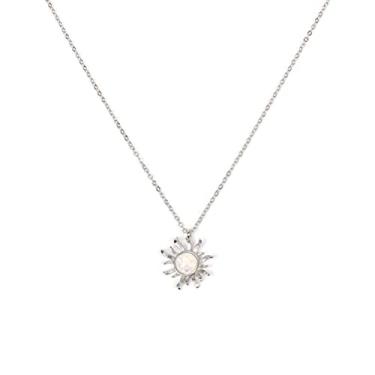 Imagem de HUNO Colar gargantilha de duas correntes com lua e sol, com pingente de opala de girassol, presente para mulheres, Metal, Liga metálica.,