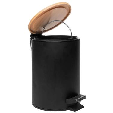 Imagem de Lixeira 5L Metal Redonda com Pedal Preta Tampa Bambu Balde Interno Banheiro