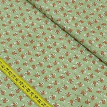 Imagem de Tecido Estampado para Patchwork - Maçã Com Mel: Abelhinhas Fundo Verde
