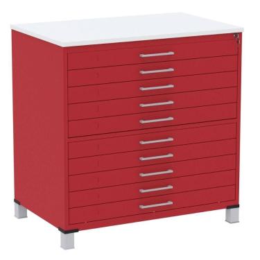 Imagem de Mapoteca 10 Gavetas Pandin 120 cm (Larg) Inmetro Tampo MDP Branco Estrutura e Gaveta em Aço Vermelho