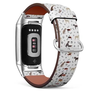 Imagem de Pulseira de relógio de couro de substituição compatível com Fitbit Charge 5/Fitbit Charge 6 (osso com estampa de pata de cachorro) para smartwatch para mulheres e homens